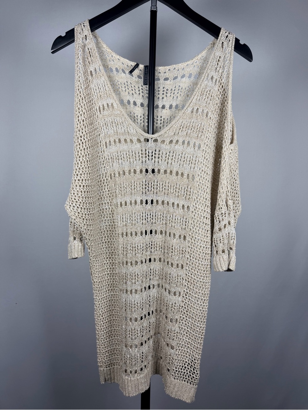 Guess Cream Open-Knit Cold Shoulder Sweater Tunic